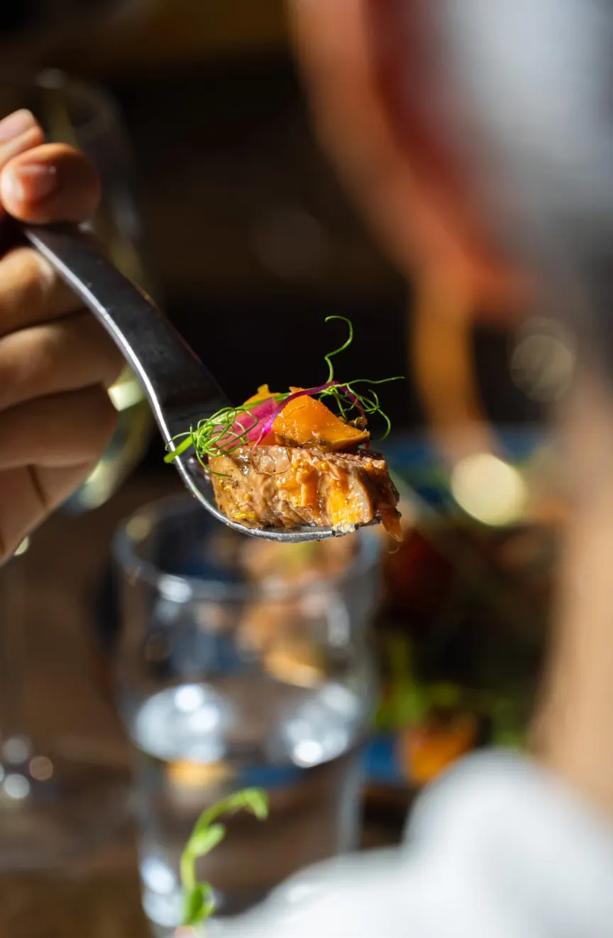 Bouchée de viande garnie de jeunes pousses portée à la fourchette
